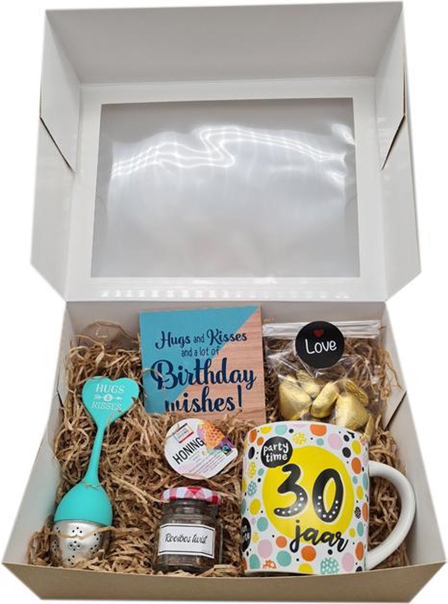 Cadeau pakket 30 jaar | Giftset verjaardag | Happy Birthday |thee | Mok | onderzetter | cadeau voor hem | cadeau | Gift | Chocolade | Gift set| Cadeau voor haar | kado | dertig | Feest  |Party Time | Party